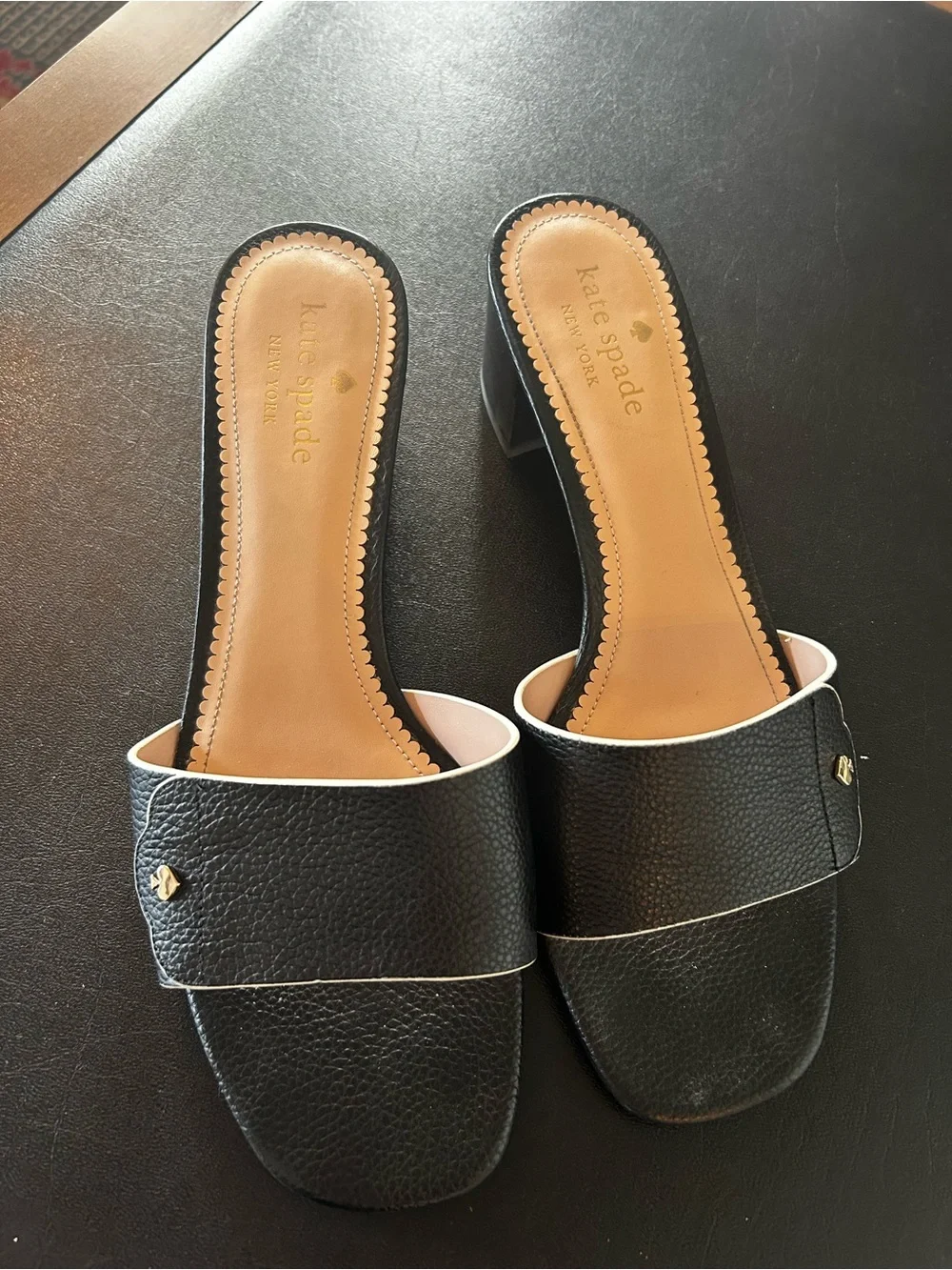kate spade Black Leather Slide Mules with Gold Accent